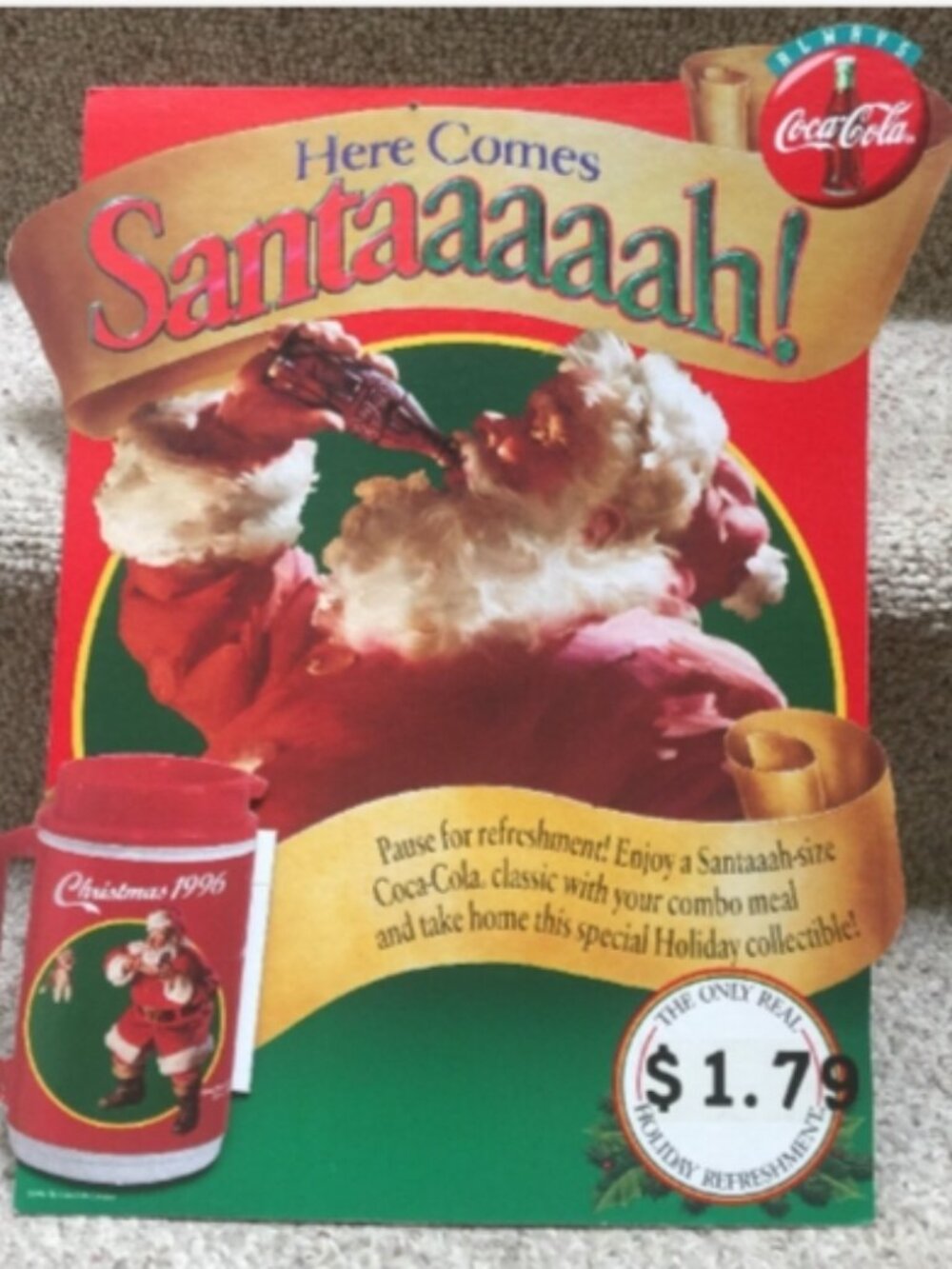 Coca Cola Sundblom Santa Mug Retail Sign-1996-Here Comes Santaaaaah! Combo Meal - Picture 2 of 12